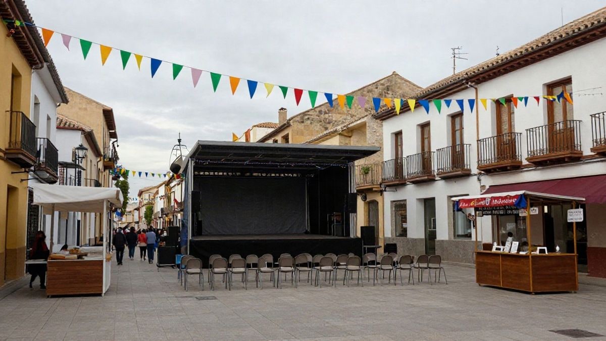 Imagen ilustrativa: calle decorada con guirnaldas y un escenario vacío en una plaza durante unas fiestas patronales