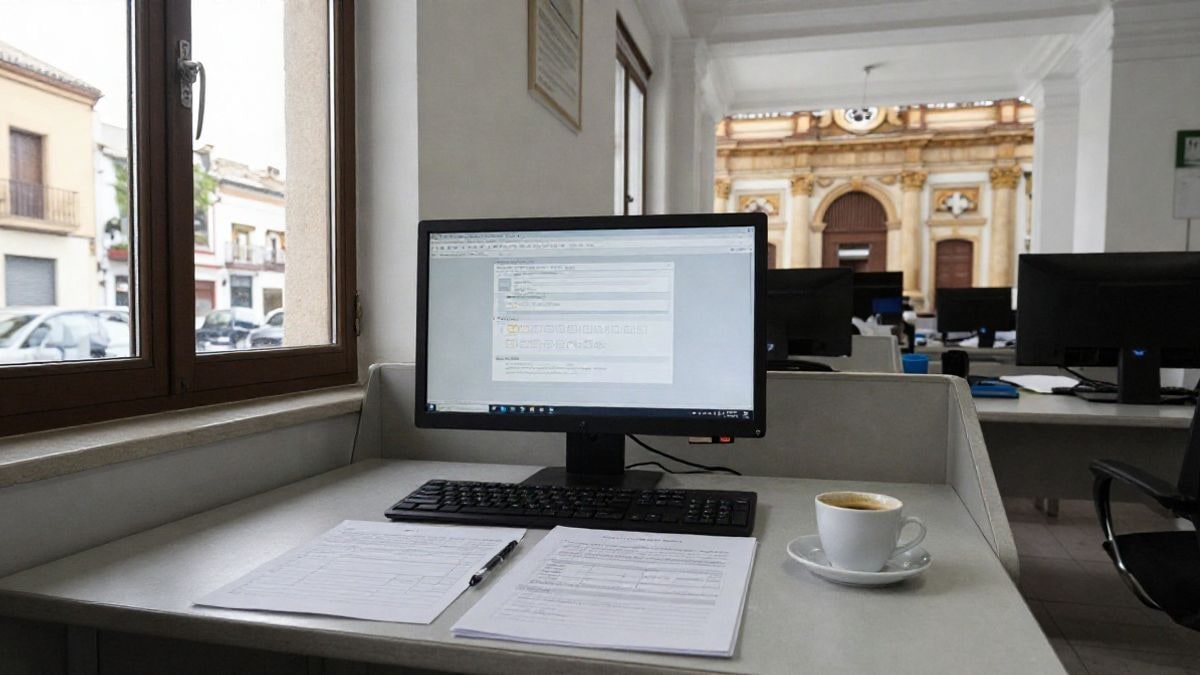 Imagen ilustrativa: un escritorio con un ordenador mostrando un formulario de encuesta y papeles en una oficina municipal, con luz natural de ventana.