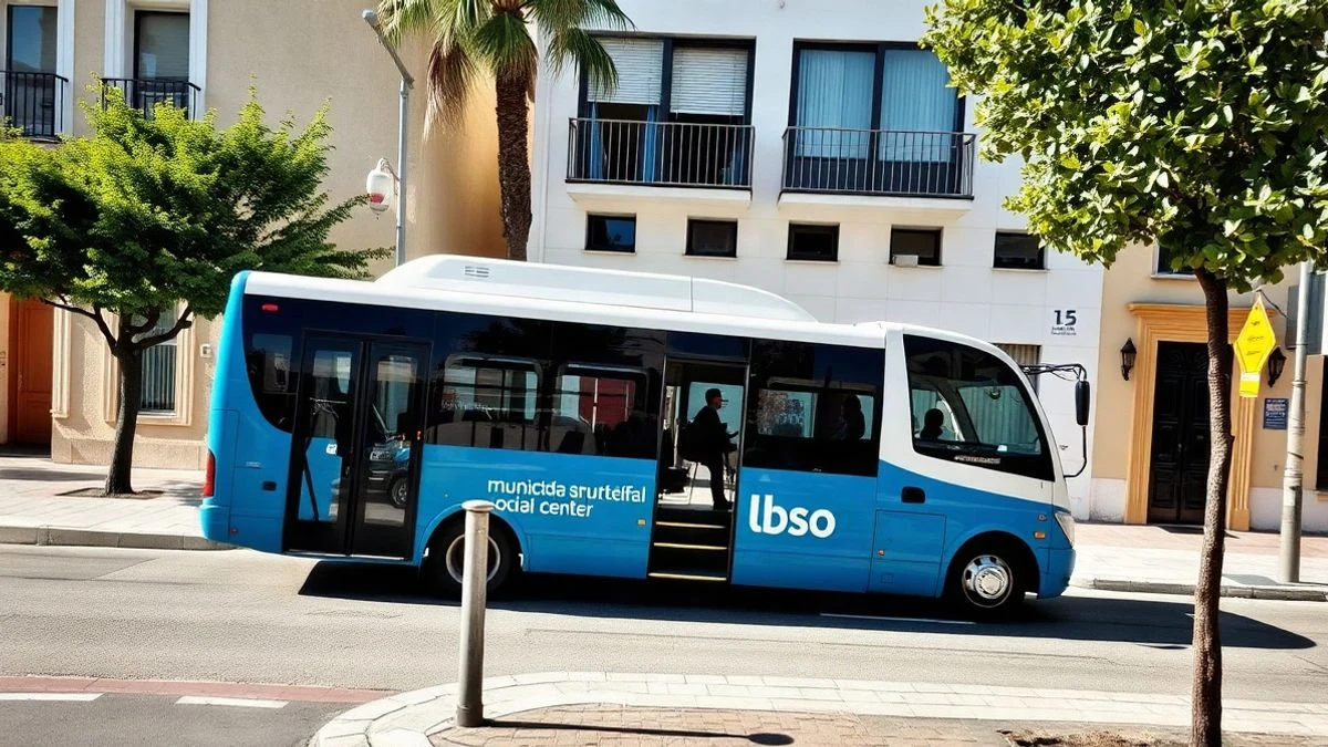 Imagen ilustrativa: un autobús municipal aparcado en una calle de un pueblo español, con varias personas mayores subiendo de espaldas.