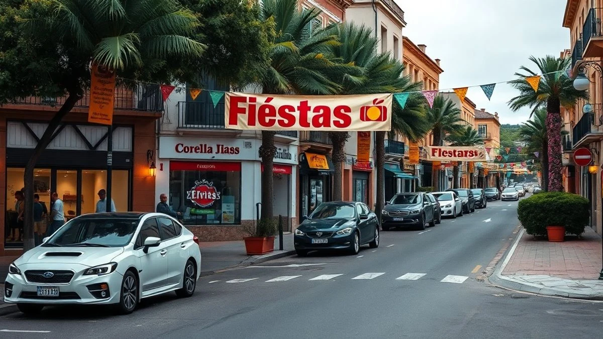 Imagen ilustrativa: calle de un pueblo español engalanada con banderines y luces festivas, con algunas personas de fondo sin rostros reconocibles.