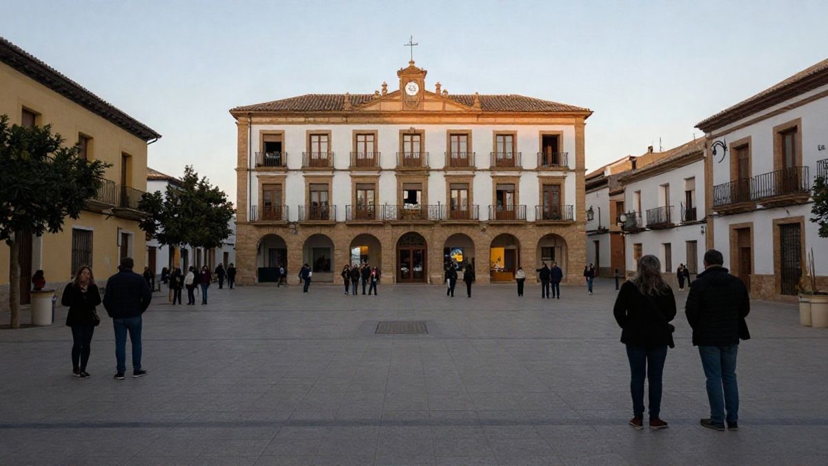 Imagen ilustrativa: una plaza de un pueblo español con un edificio consistorial y un grupo de personas reunidas de lejos, sin rostros reconocibles.