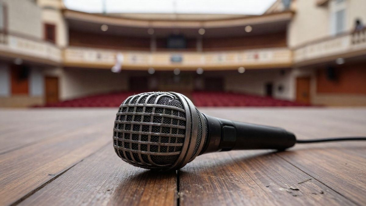 Illustrative image: close-up of an old microphone on a wooden stage floor, with daylight