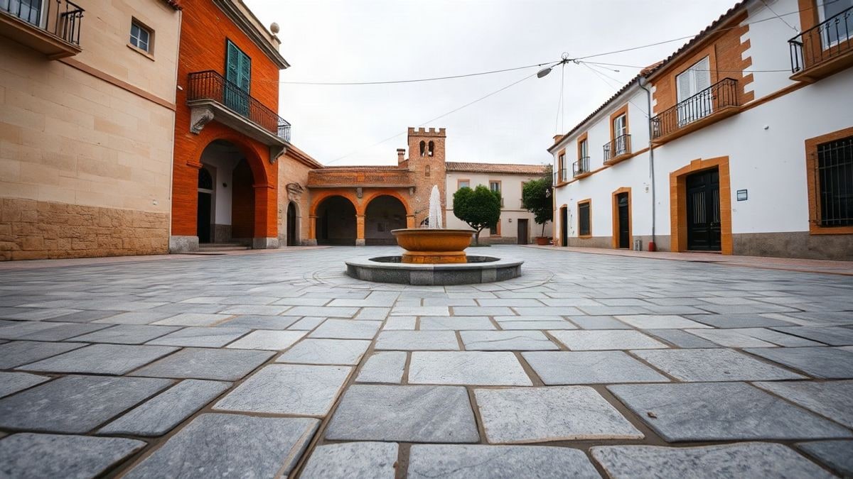 Imagen ilustrativa: plaza renovada de un pueblo español con suelo de piedra y edificios históricos al fondo.