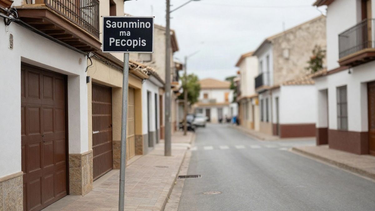 Imagen ilustrativa: calle residencial con garajes y señal temporal de tráfico