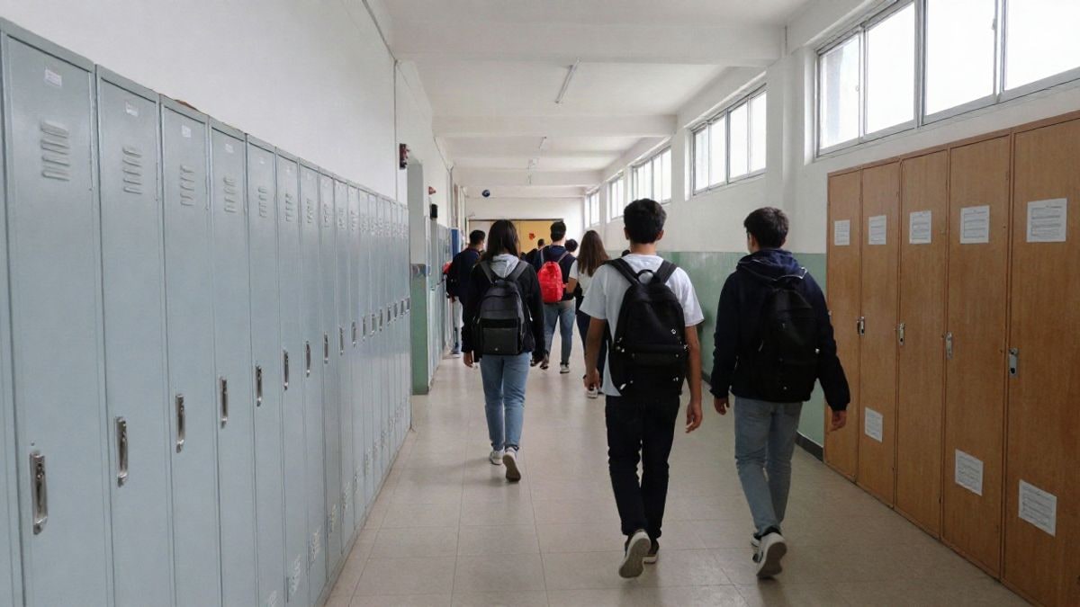 Imagen ilustrativa: pasillo de un instituto con alumnos caminando de espaldas, con luz natural y taquillas.