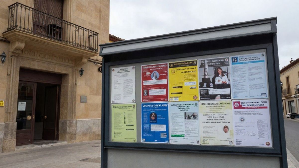 Imagen ilustrativa: un tablón de anuncios municipal en una calle de un pueblo español, con carteles de actividades comunitarias y un edificio de centro cívico al fondo.