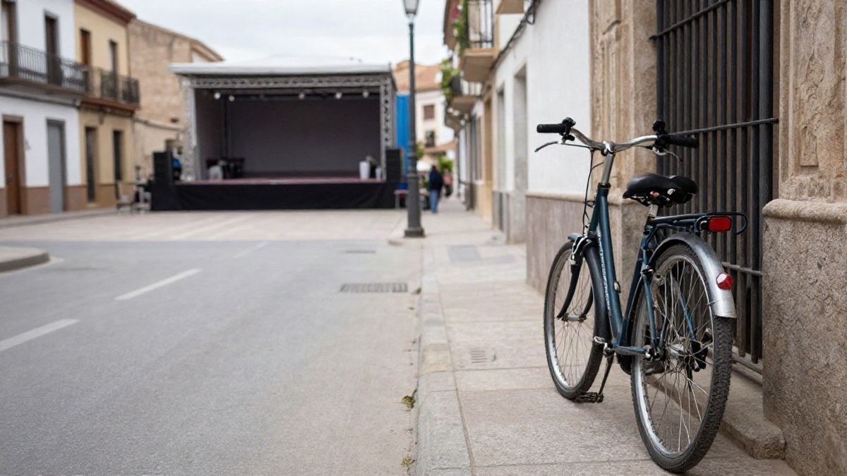 Illustrative image: a bicycle leaning against a fence on a village street with a stage in the background
