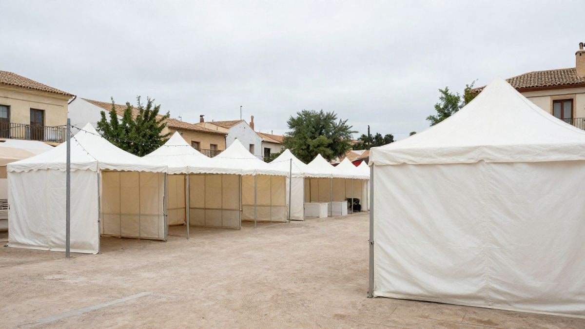 Imagen ilustrativa: recinto de casetas de feria vacío en un pueblo, con carpas blancas y luces entre postes, bajo un cielo nublado.