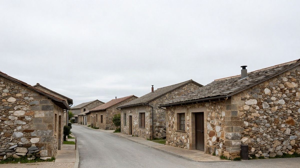 Imagen ilustrativa: calle de un pueblo rural de montaña con casas de piedra y un paseante al fondo