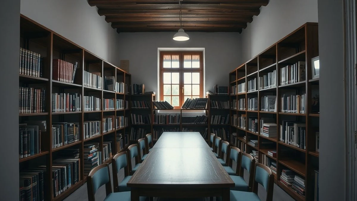 Imagen ilustrativa: interior de una sala de lectura con estanterías de libros y una mesa con sillas, iluminada por luz natural.