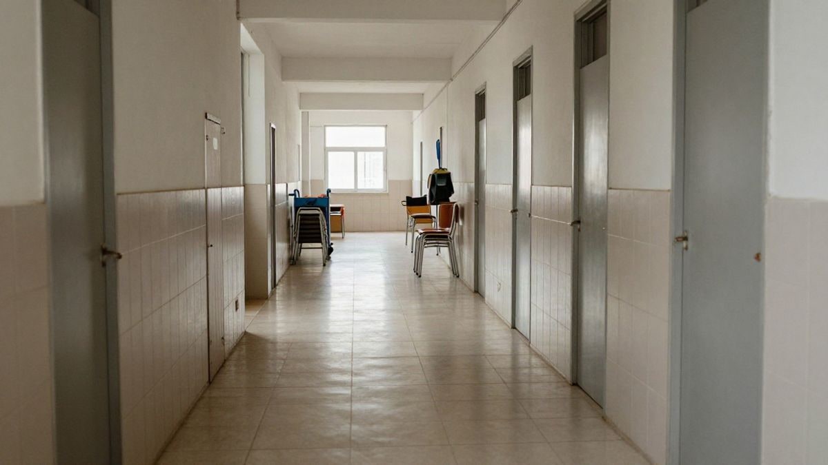 Imagen ilustrativa: pasillo escolar vacío con puertas de aulas y sillas apiladas