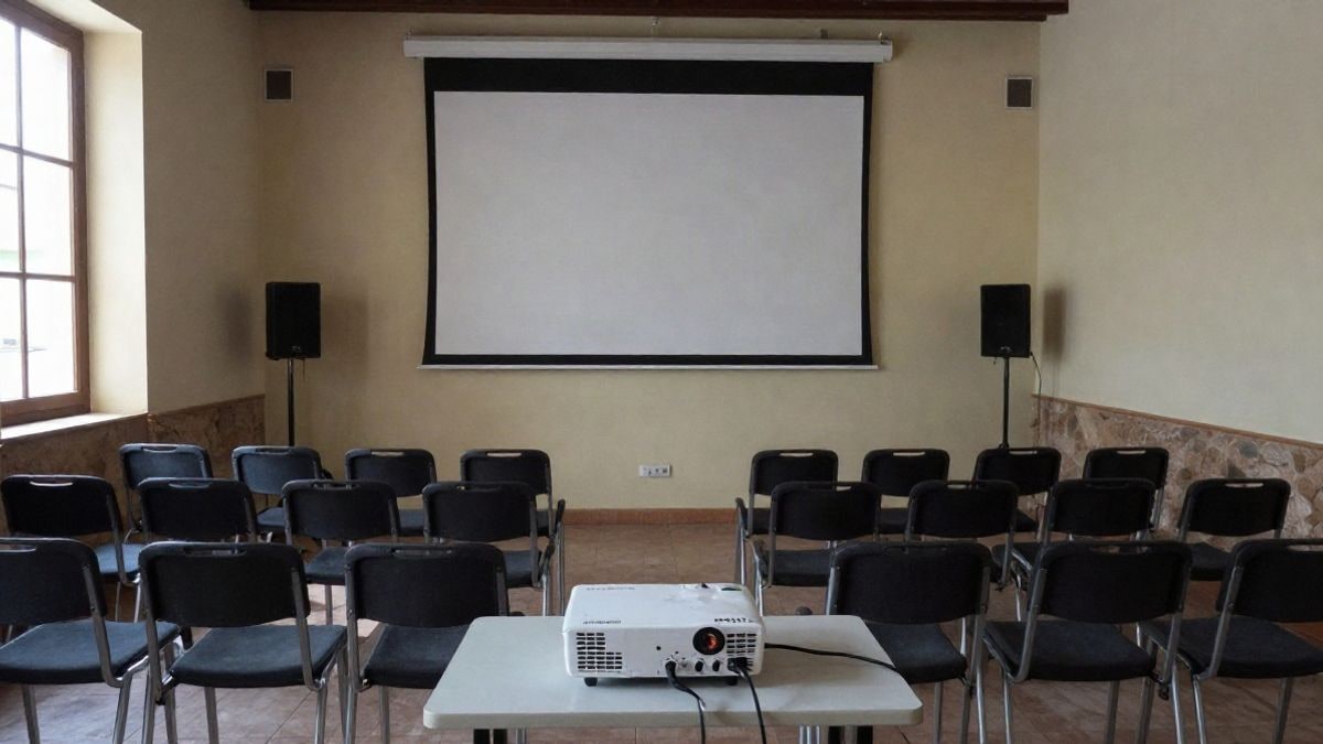 Imagen ilustrativa: sala de un centro cultural municipal con sillas vacías frente a una pantalla de proyección