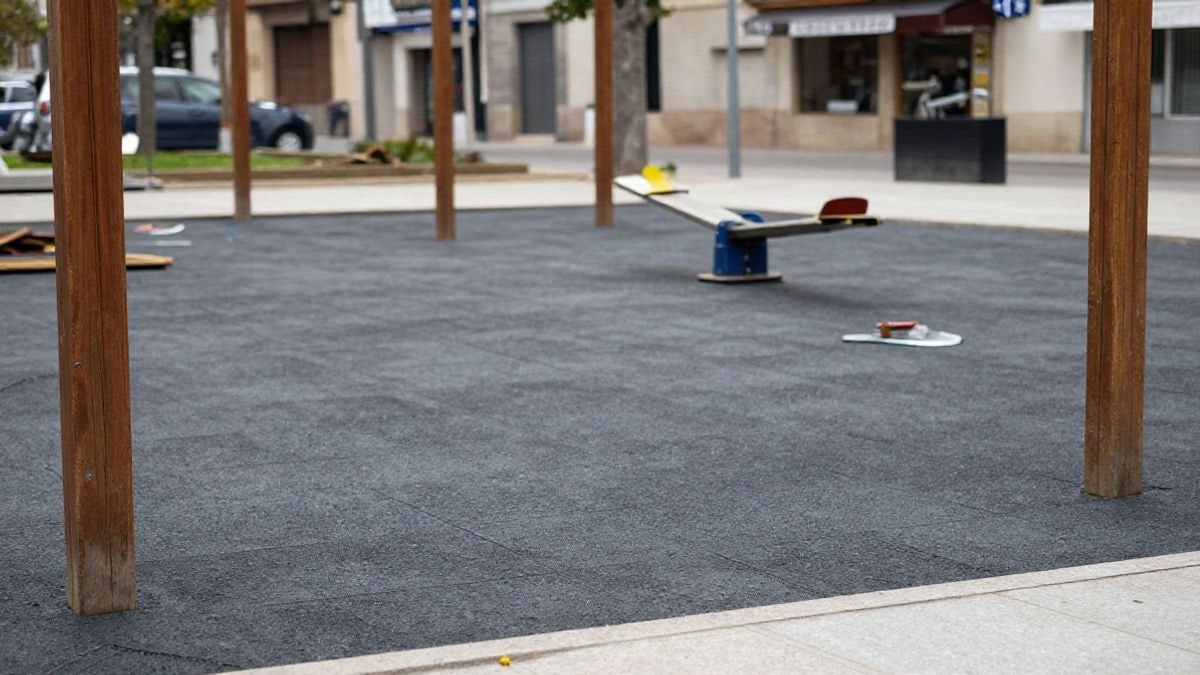 Imagen ilustrativa: área infantil de un parque público en obras, con suelo de caucho y juegos de madera