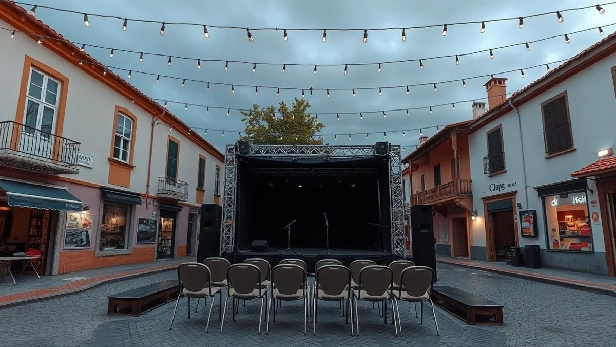 Imagen ilustrativa: plaza de un pueblo con un escenario montado y luces, sin personas
