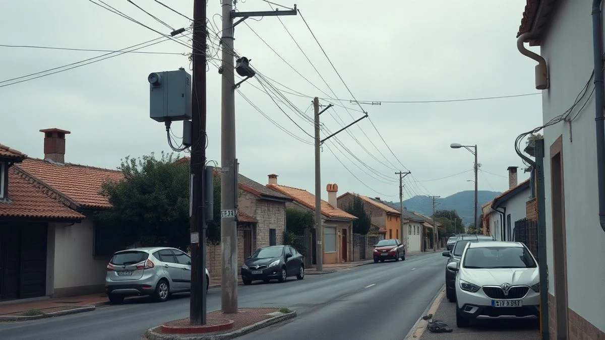 Illustrative image: a residential street with an electric pole and wires in a Spanish village, cloudy day.
