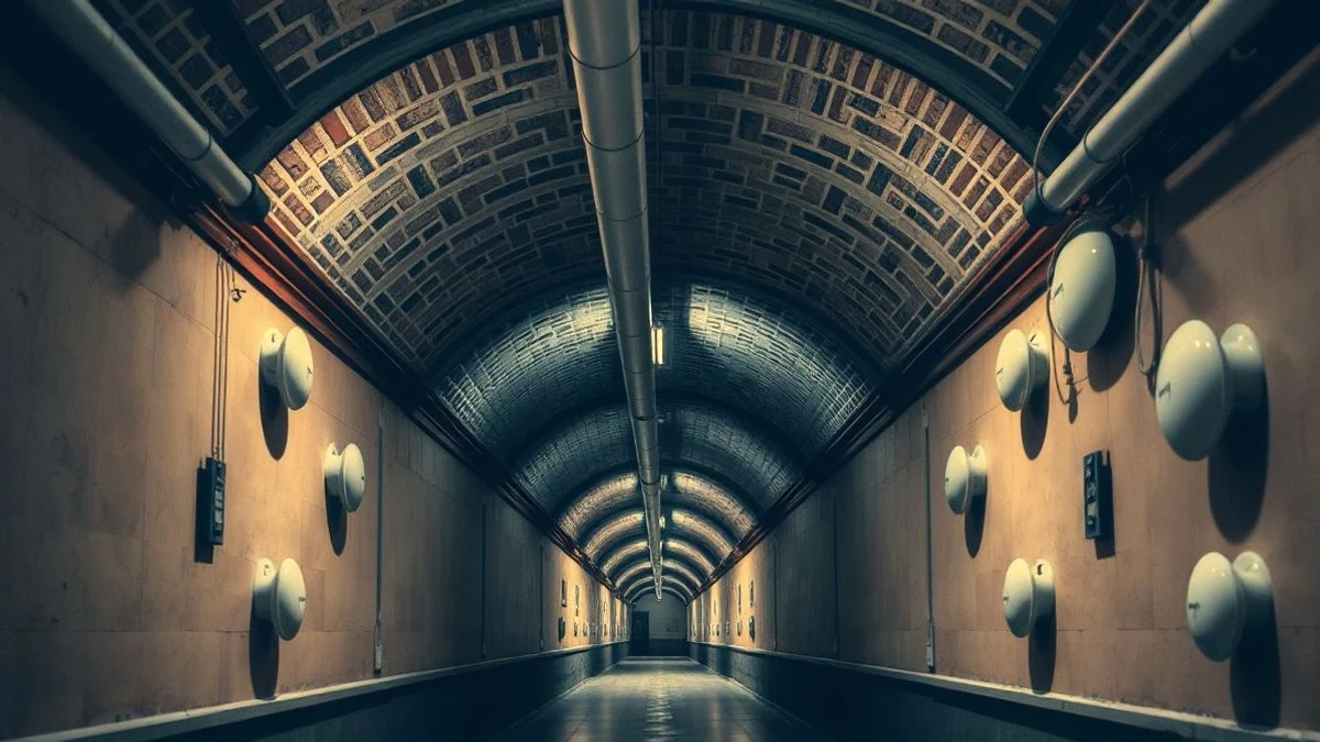 Illustrative image: interior of a rehabilitated underground shelter with stone and wood walls.