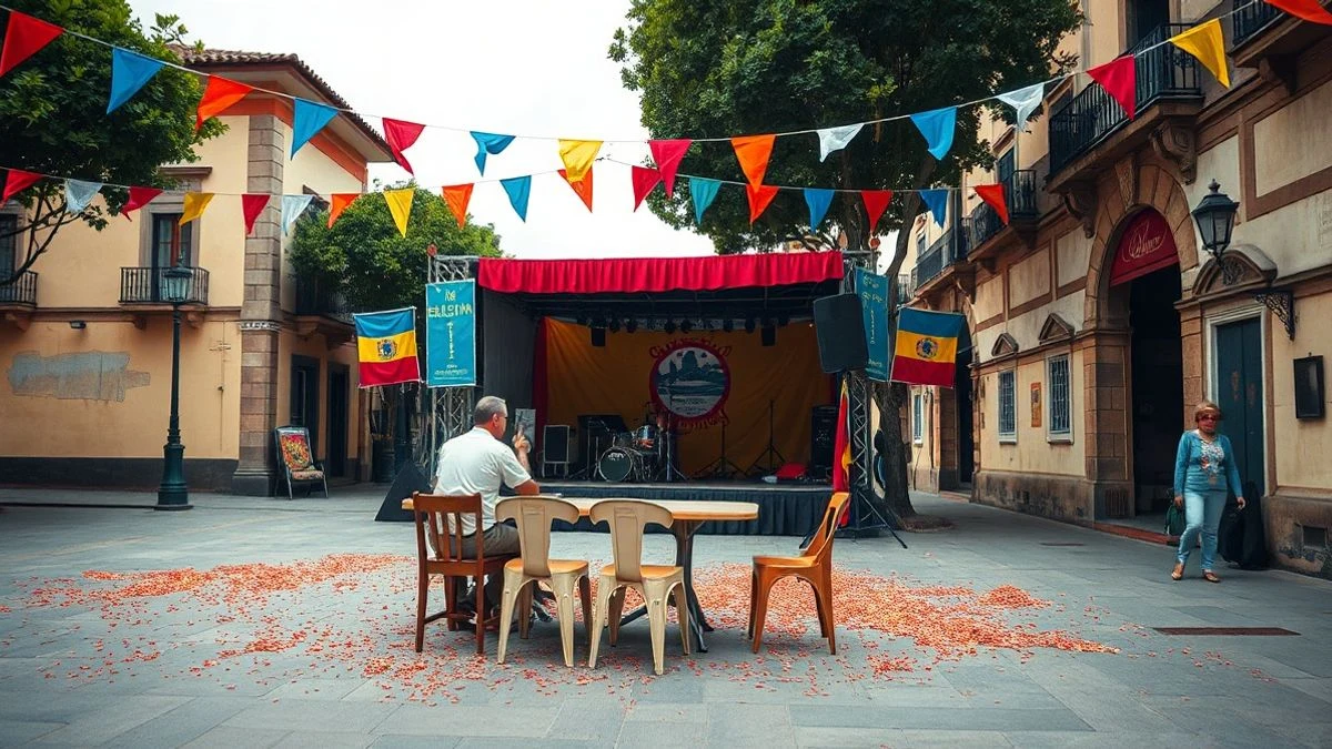 Imagen ilustrativa: plaza de un pueblo español engalanada con banderines y un escenario para las fiestas patronales.