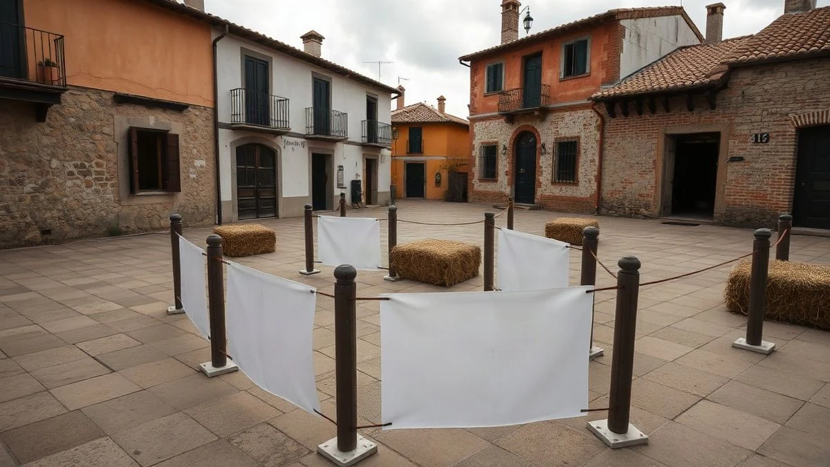Imagen ilustrativa: un ruedo improvisado con vallas de madera y papeles numerados en el suelo en una plaza española