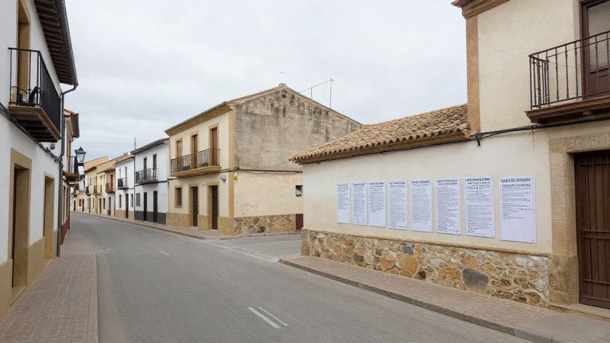 Imagen ilustrativa: calle de un pueblo español con un edificio consistorial y un documento con icono de calendario en el suelo