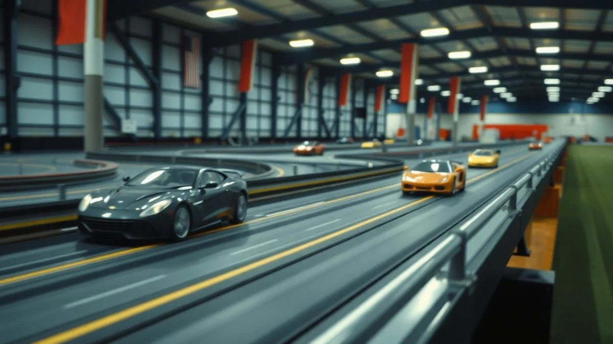 Imagen ilustrativa: un circuito de slot con coches en miniatura en plena carrera dentro de un pabellón deportivo.
