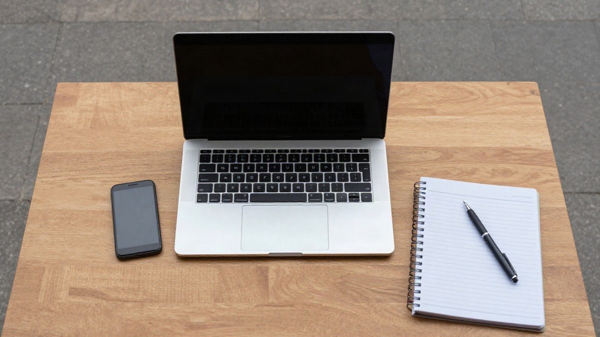 Illustrative image: laptop and mobile on a wooden table seen from above, next to a notebook