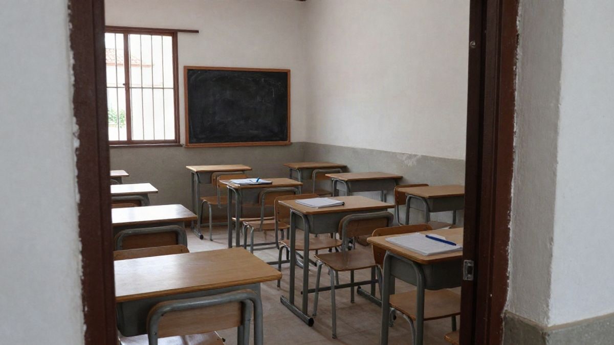 Imagen ilustrativa: un aula vacía con pupitres y pizarra en un centro de educación de adultos.