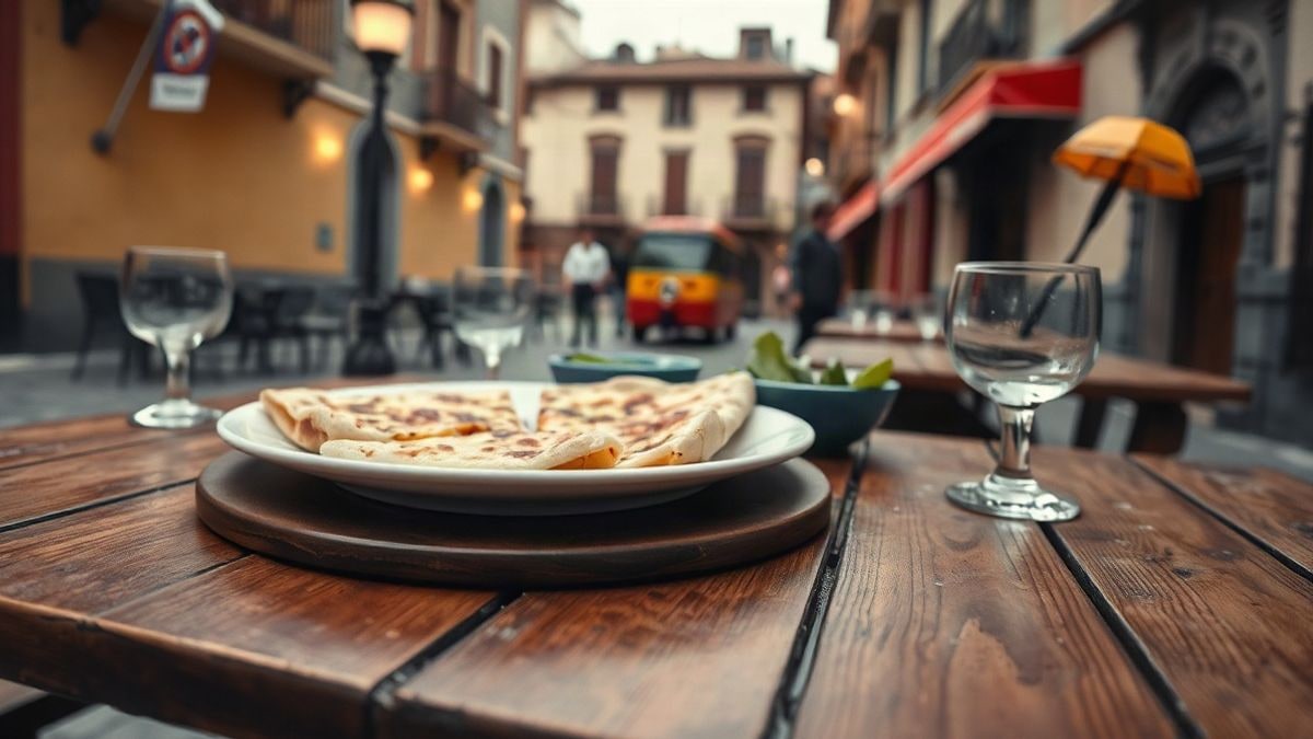 Imagen ilustrativa: una tortilla de patatas cortada en una mesa de madera en una plaza con luces, sin personas.