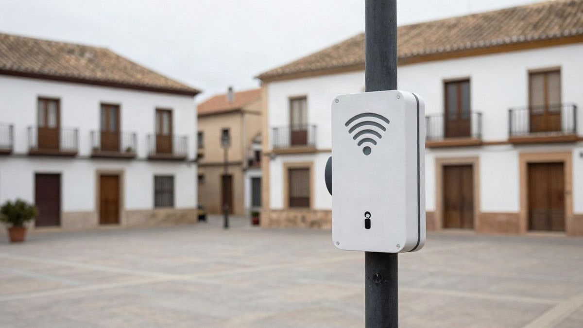 Illustrative image: outdoor wifi access point installed on a lamp post in a Spanish square