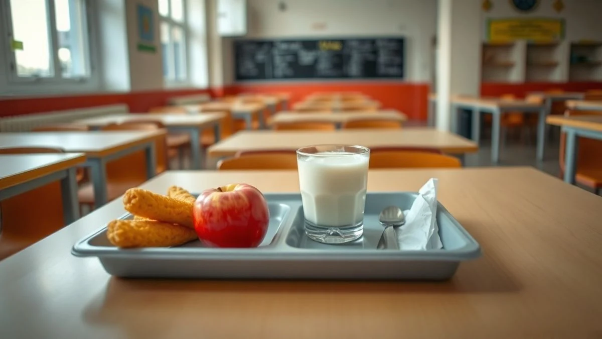 Illustrative image: school meal tray with varied food and a glass of milk on a wooden table.