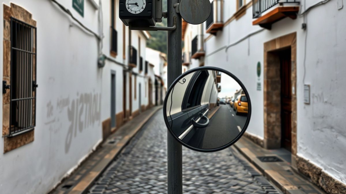 Illustrative image: cobbled street of a village with a convex safety mirror on a corner