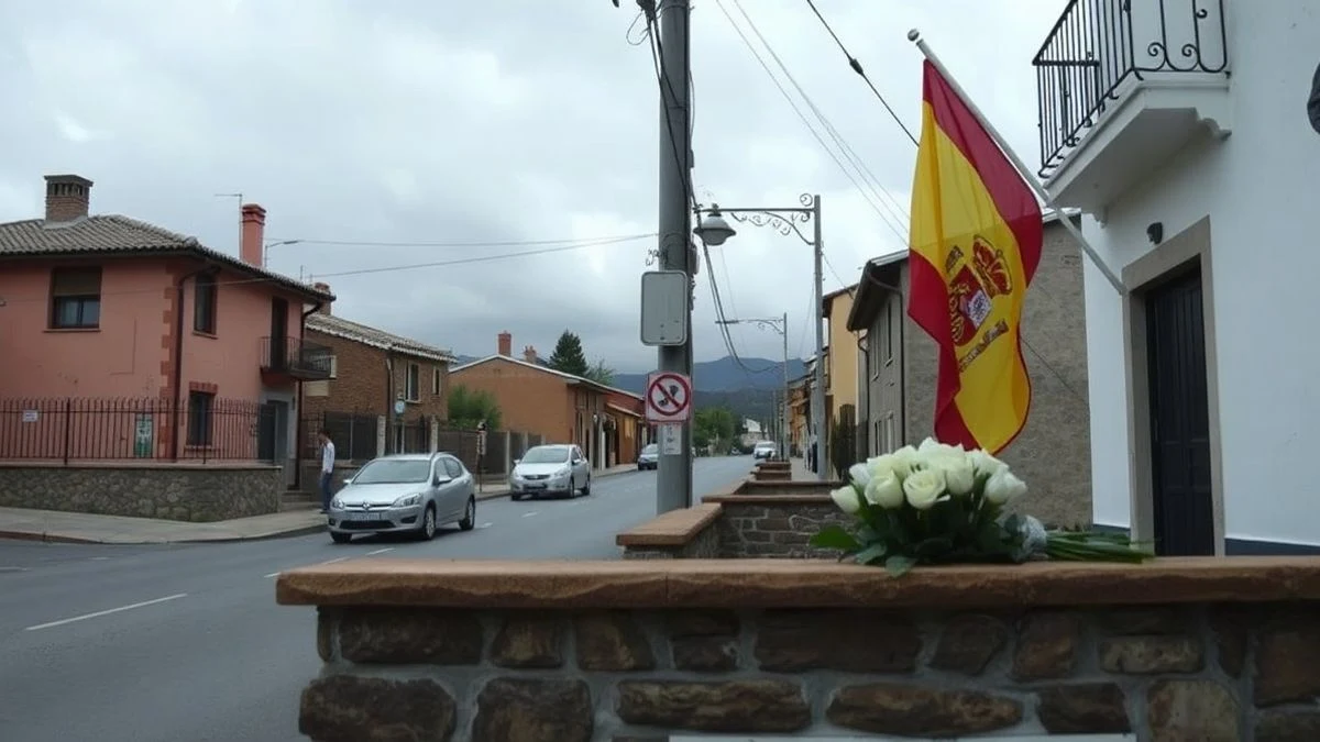 Illustrative image: a quiet street in a mountain village with a Spanish flag and flowers in mourning