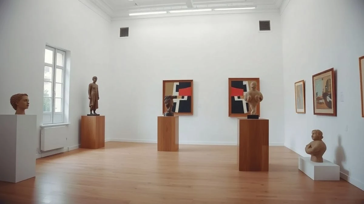 Imagen ilustrativa: sala de museo con obras de arte abstracto y esculturas sobre pedestales, iluminada con luz natural.