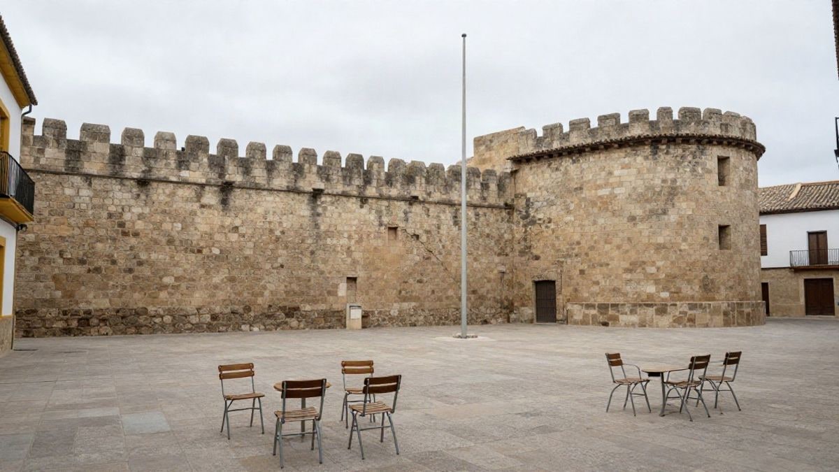 Illustrative image: a municipal courtyard with empty chairs and stone walls under a cloudy sky.