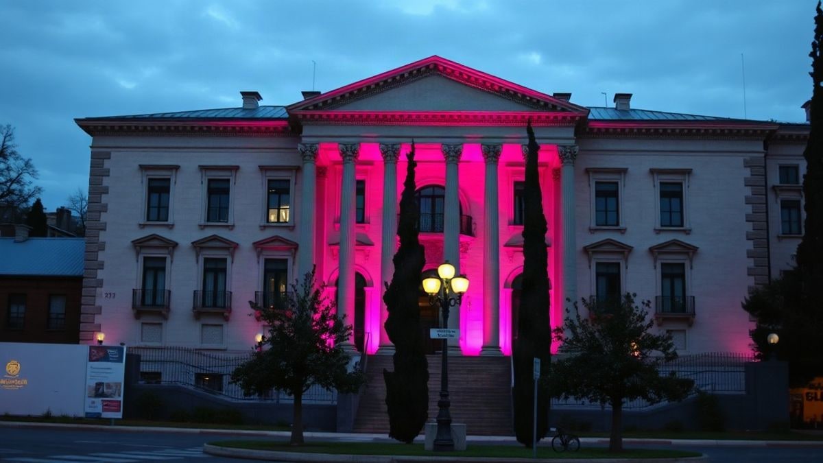 Imagen ilustrativa: fachada de un edificio institucional iluminada con luz fucsia al anochecer, con una plaza vacía al frente.