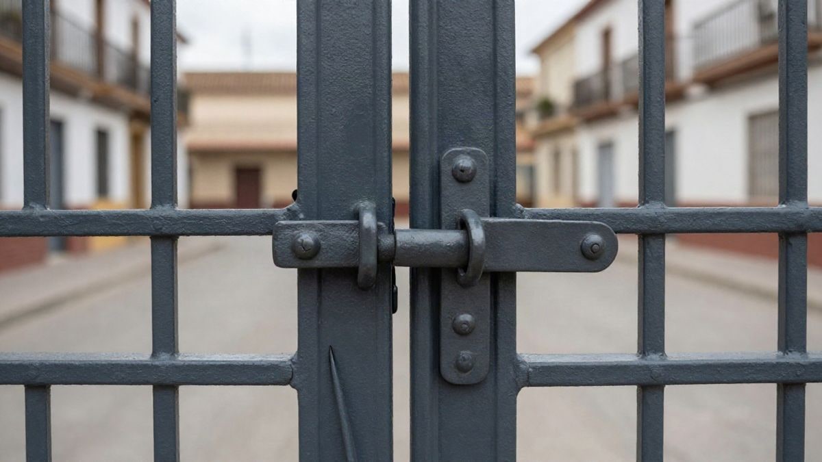Illustrative image: close-up of a slightly open school patio gate