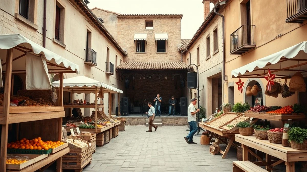 Illustrative image: a village square with market stalls and a stage in the background during a rural fair.