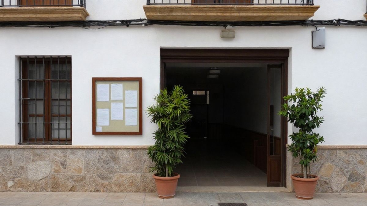 Illustrative image: entrance of a community centre in a Spanish locality with a notice board and plants by the door