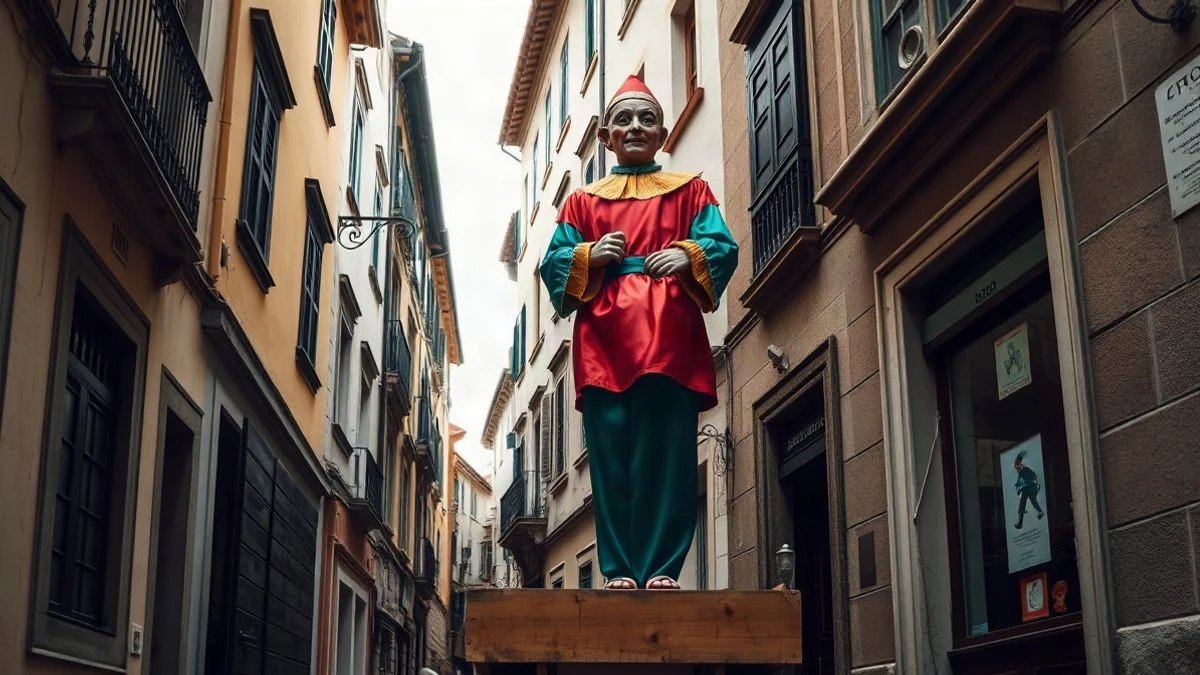 Imagen ilustrativa: una figura de gigante de cartón piedra en una calle empedrada de un casco antiguo, vista desde arriba.