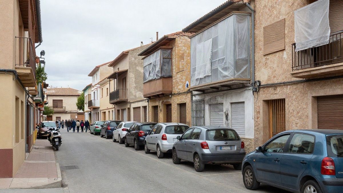 Imagen ilustrativa: calle residencial en un pueblo español con algunas fachadas dañadas y ventanas cubiertas con plásticos.