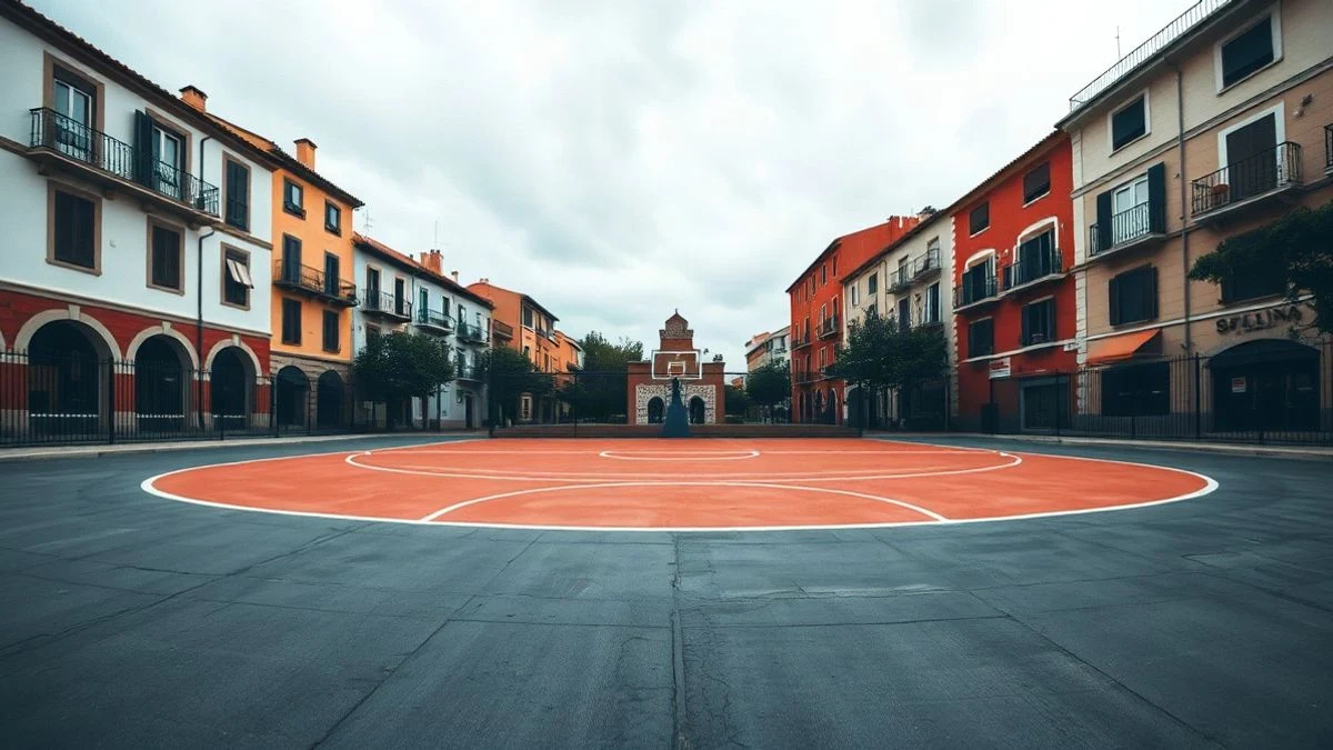 Imagen ilustrativa: una pista de baloncesto al aire libre vacía en un entorno urbano español, con canasta y líneas del campo.