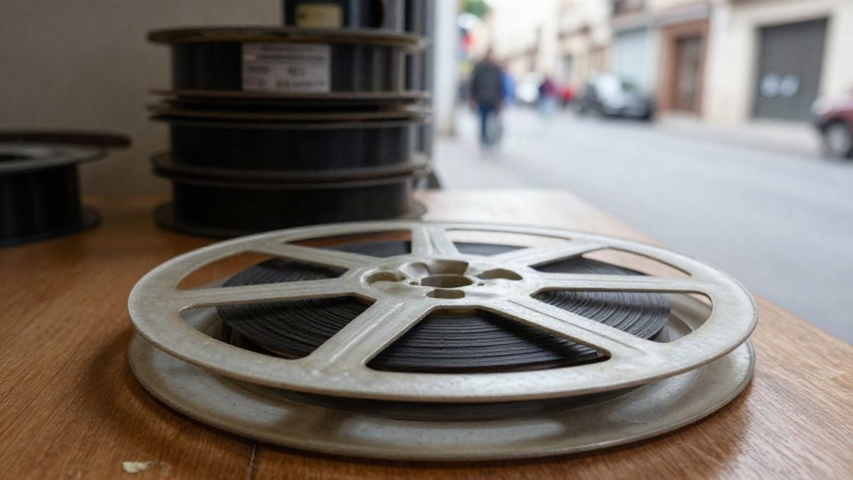 Imagen ilustrativa: primer plano de una bobina de película sobre una mesa de madera
