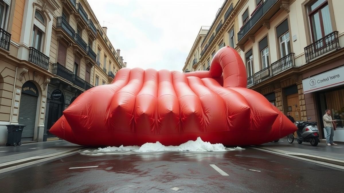 Imagen ilustrativa: tobogán acuático hinchable de gran tamaño instalado en una calle en pendiente, con espuma y agua en la base, en un entorno urbano.