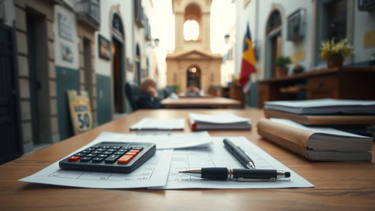 Illustrative image: desk with budget documents and calculator in a municipal office