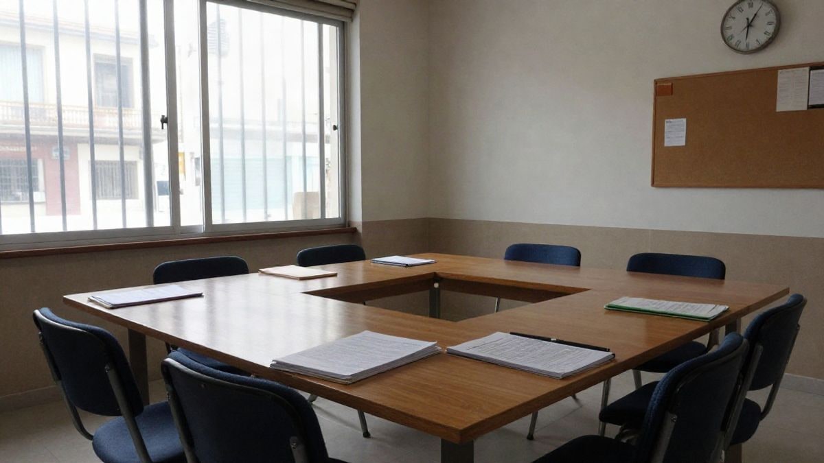 Imagen ilustrativa: sala de reuniones municipal con una mesa larga y sillas vacías junto a una ventana