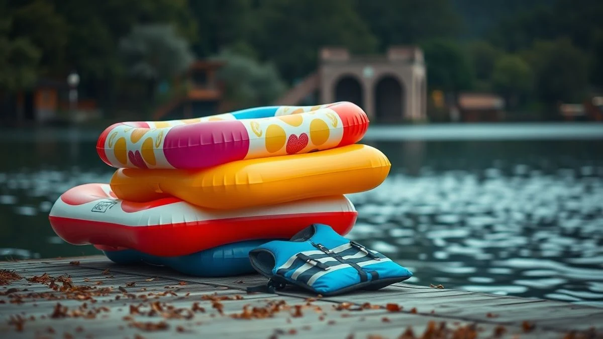 Imagen ilustrativa: varios flotadores hinchables y un chaleco salvavidas sobre un embarcadero de madera junto a un lago.