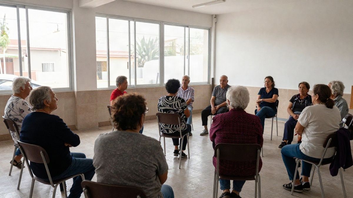 Imagen ilustrativa: un grupo de personas mayores de espaldas en una sala luminosa durante una clase de ejercicio.