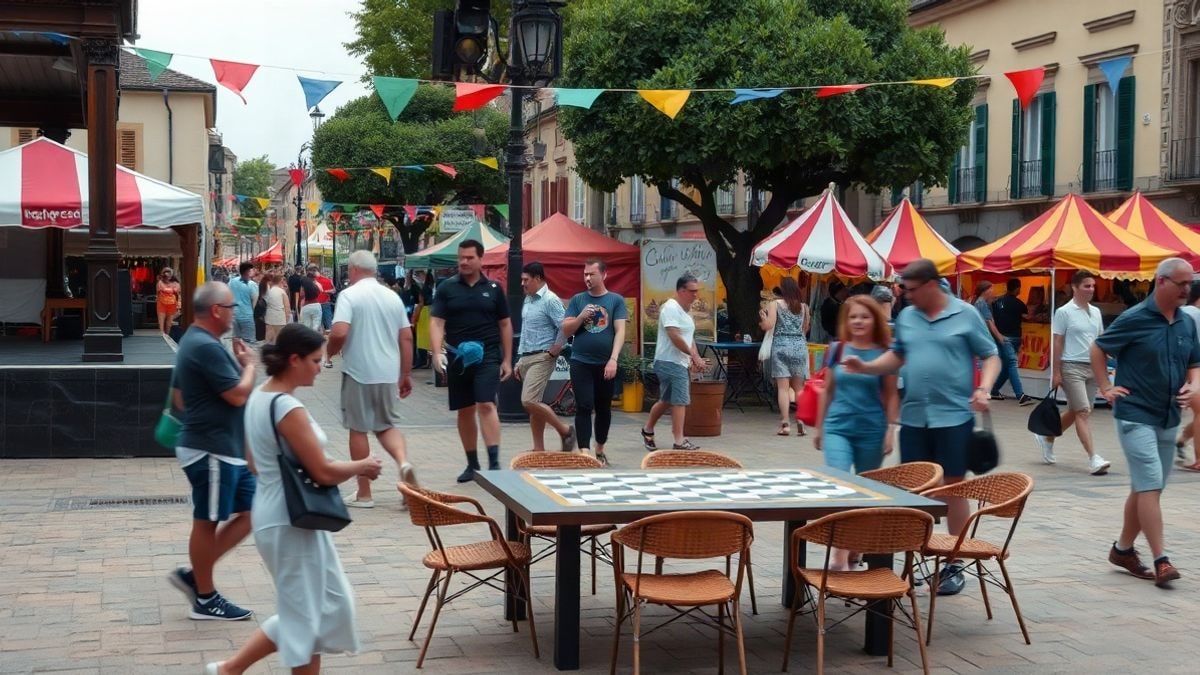 Imagen ilustrativa: plaza española con casetas de feria y una zona de mesas para jugar a las cartas al aire libre.