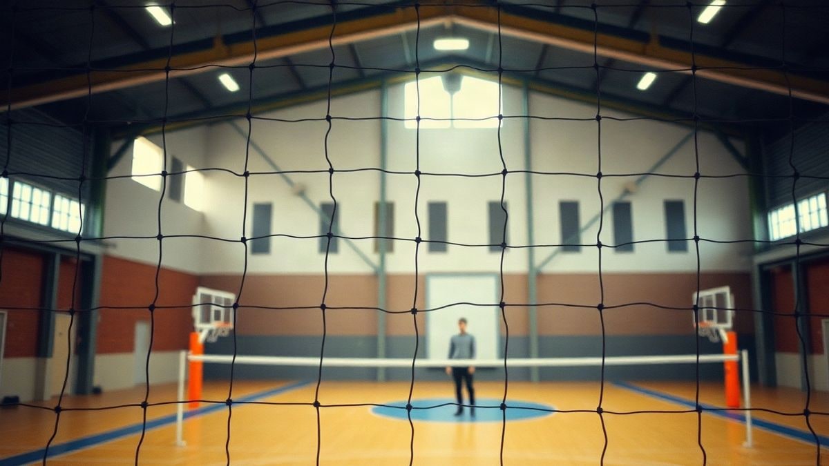 Imagen ilustrativa: vista cenital de una red de voleibol sobre el suelo de una pista polideportiva vacía.