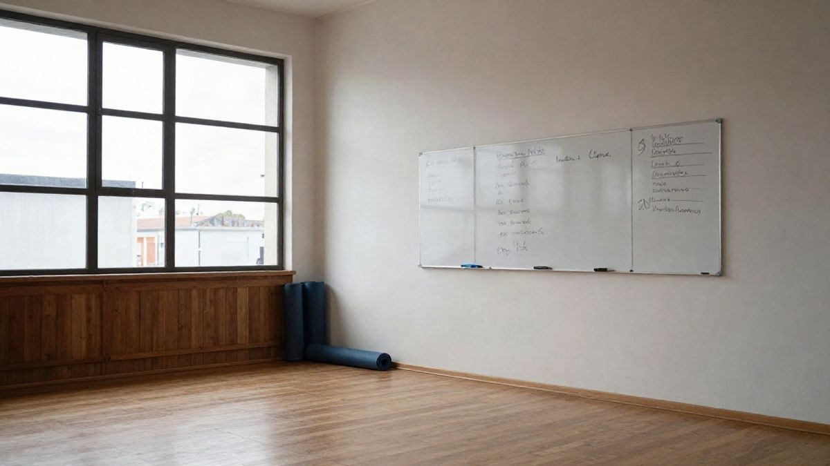Imagen ilustrativa: sala polideportiva con esterillas y pizarra con horarios
