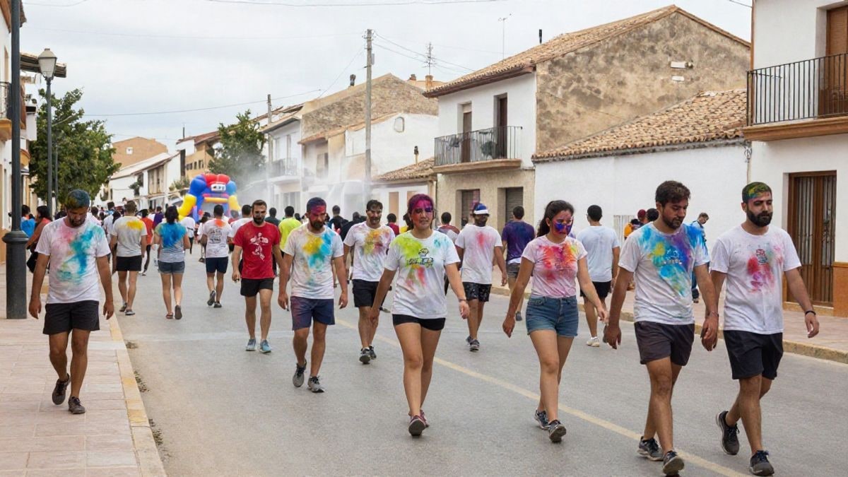 Imagen ilustrativa: corredores con polvos de colores en una calle de un pueblo español, con hinchables al fondo.